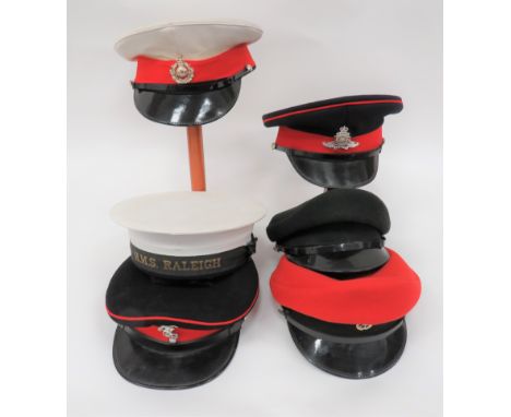 Quantity of Post War British Hatsconsisting a white topped, Royal Marines dress cap with anodised, QC badge ... REME dress ca