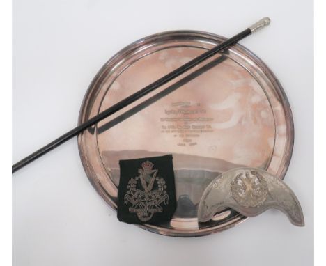 Small Selection of Kings Regiment Itemsconsisting plated, Walker & Hall, circular, raised edge tray.  The centre engraved "Pr