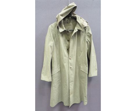 Scarce WW2 Japanese Type 98 (1938 Pattern) Raincoatlight tan, cotton, single breasted, closed, fold over collar, long jacket.