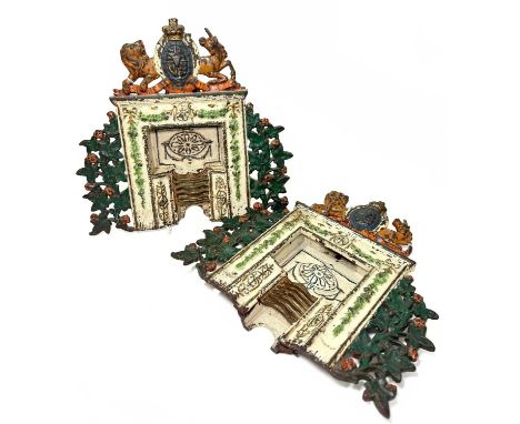 Pair of Victorian cast iron miniature fire grates Creeklees foundry Glasgow, registration No, 309874, surmounted by Royal coa