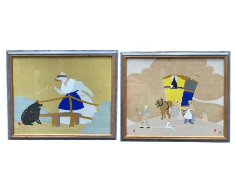Jenny Oliver Dick, The Gypsy Caravan and The Naughty Pig, signed l/r, paper collage, 50 by 62cm (2)