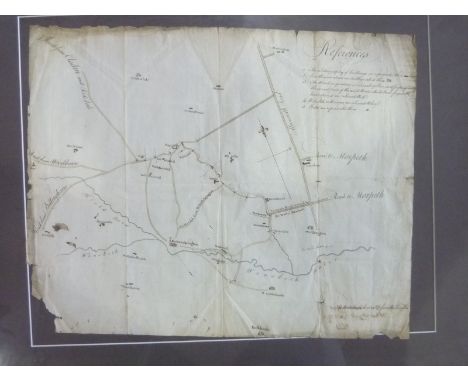 Northumberland.  18th cent. manuscript map centred on Whitehill & Kirkwhelpington. In a modern frame.