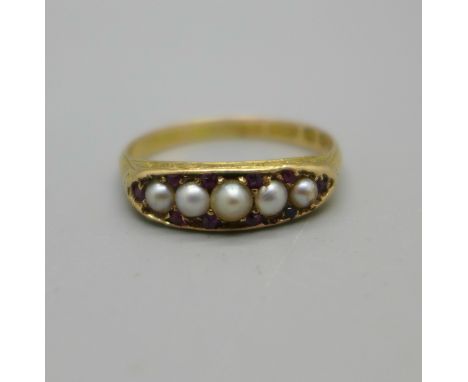 A Victorian 15ct gold, pearl and ruby ring, Birmingham 1871, 2.7g, Q, one ruby replaced 