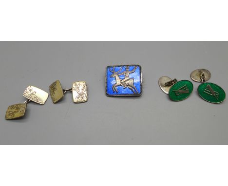 A pair of silver and green enamel cufflinks depicting a cricket wicket/bat and ball, another pair of gold on silver cufflinks