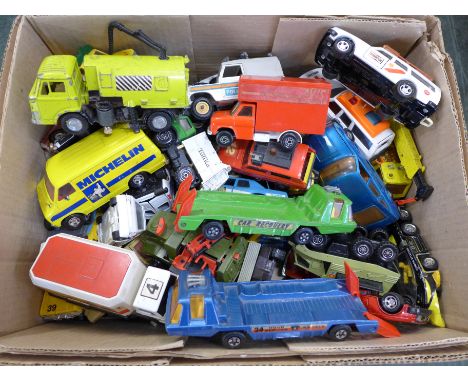 A collection of Matchbox and Corgi die-cast model vehicles, etc., playworn 