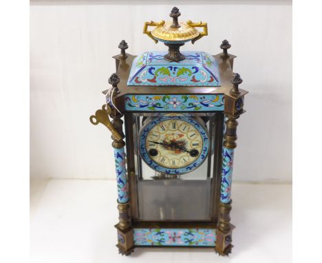 A French style brass and cloisonne enamel cased mantel clock, two door, 44cm tall