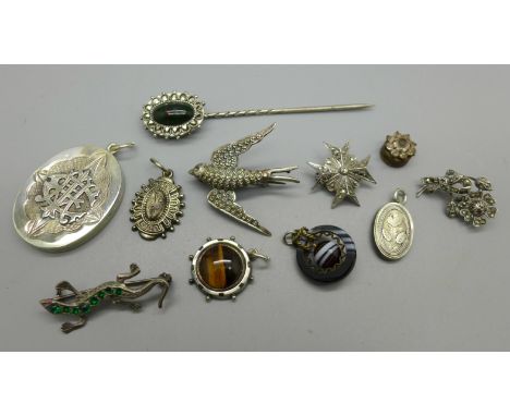 Vintage brooches, pendants, a locket and a stick-pin, (mainly silver) 