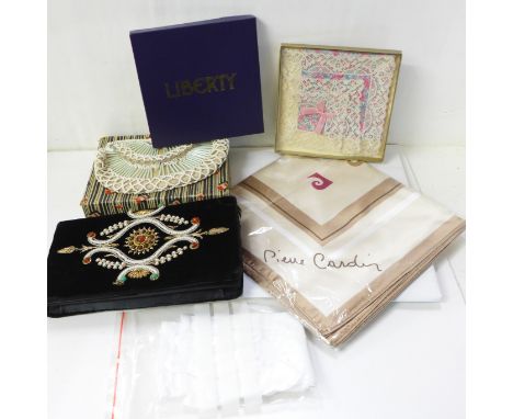 A beaded evening purse, a lace handkerchief in a Liberty box, a decorated clutch evening bag, a Pierre Cardin scarf and a pai