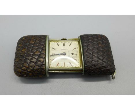 A 1930's shagreen Movado Ermeto travelling watch, the back bears inscription dated 1935 