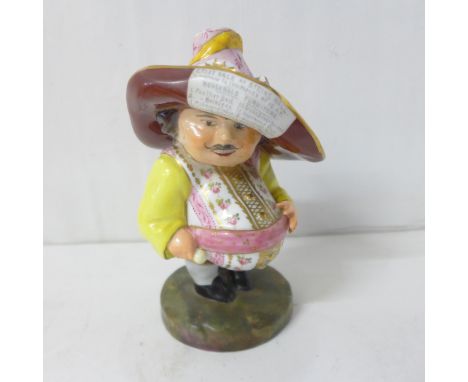 A Royal Crown Derby Mansion House Dwarf, c1932, with long curled moustache, both thumbs in his belt, wearing a wide brimmed h