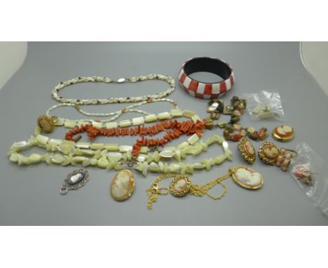 Vintage costume jewellery including coral, mother of pearl and cameo 