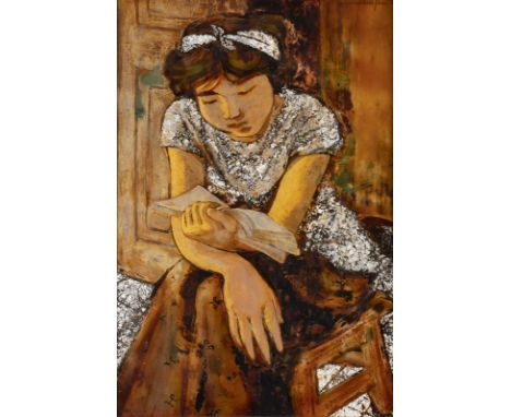 HUYNH VAN GAM, PORTRÄT EINES MÄDCHENS Vietnam, 1960 Lack auf Holz, gerahmt. 48.5x32.5 cm (65x49.3 cm with mit Rahmen). Der Kü