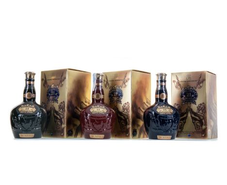 CHIVAS ROYAL SALUTE 21 YEAR OLD RUBY, EMERALD AND SAPPHIRE DECANTERS  BLENDED WHISKY Each 40% ABV / 70cl Qty: 3