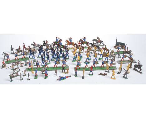 Solid cast metal figures - yellow, black and blue marching band (12); another French band (20);  blue, light blue and white t