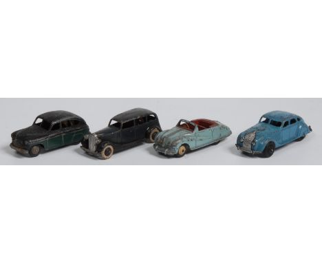 Dinky Toys 106 Austin Atlantic Saloon, light blue body, red interior,cream ridged hubs;  Dinky Toys 153 Standard Vanguard Sal