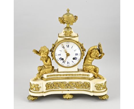 18th century Carrara marble + bronze ormolu Louis Seize mantel clock with music-making fauns. Eight-day movement, half-hourly