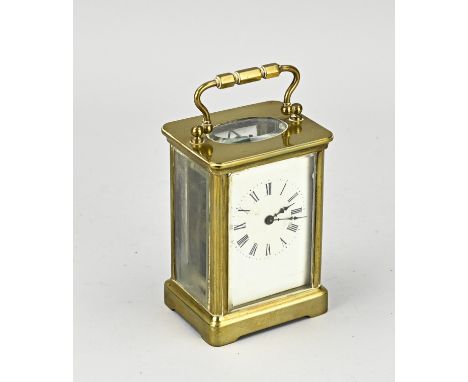 Antique gold-plated brass travel alarm clock. France. Circa 1900. Very good condition. Needs cleaning. Dimensions: H 11.5 cm.