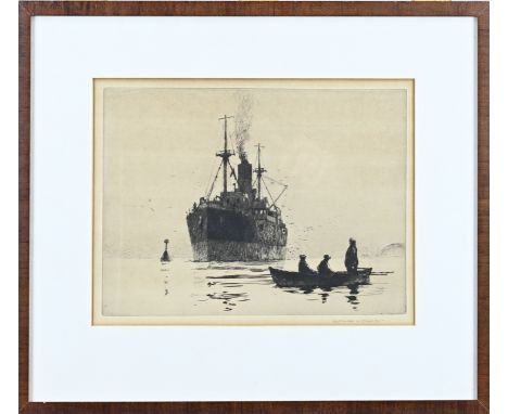 Norman Wilkinson. 1878 - 1971. England. Cargo ship near rowboat. Etching on paper. Dimensions: H 25 x W 32 cm. In good condit