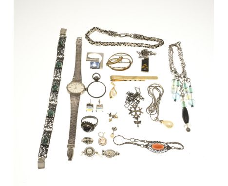 Lot of silver jewelry including a watch, brooch, royal bracelet, choker with light blue beads, various necklaces with pendant
