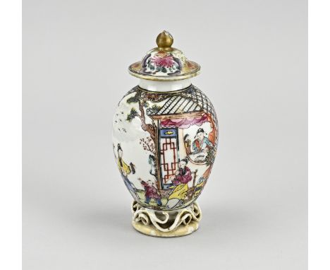 18th Century Chinese porcelain Young Chen tea caddy with Family Rose figures in garden setting. Chip + hairline bottom edge. 