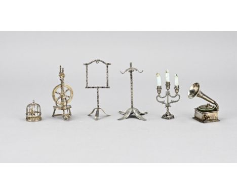 Five silver miniatures, 835/000, a three-armed candlestick, a stand with birdcage, a record player, a spinning wheel and a ho