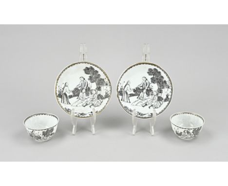 Two 18th century Chinese porcelain Encre de Chine cups and saucers with European decor. Dimensions: 5 x Ø 12 cm. In good cond