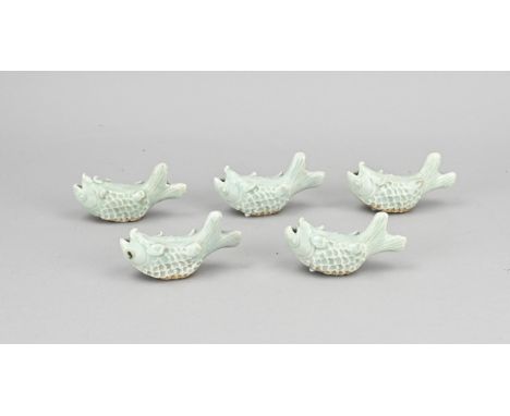 Five Chinese porcelain celadon fish with light green glaze. Sung style. Size: 9 - 10 cm. In good condition.