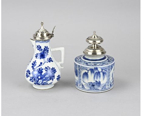 Chinese porcelain tea caddy and jug with silver, 833/000. Cylindrical tea caddy with floral decor and a silver cap with pearl