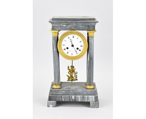 Antique, gray marble, empire column mantel clock with ormolu bronze. France Paris. Circa 1820. Eight-day movement, half-hour 