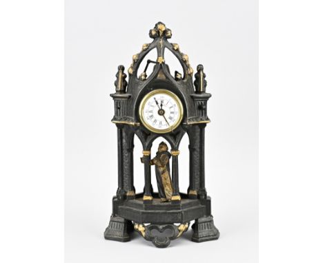 Antique neo-Gothic alarm clock with automatic. Composition metal. Circa 1900. Monk pulls the cord of the tower bell. Dimensio