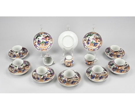 Lot of 18th century Chinese porcelain cups and saucers with Family Rose / Mandarin decor. Five cups of edge frit only, good. 