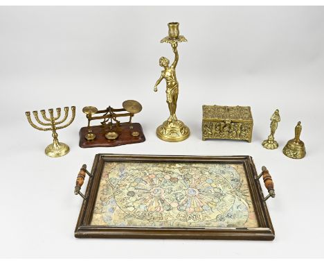 Lot diverse. Among other; copperware, postal scales, Jewish candlestick, neo-Gothic box, tablet with postage stamp collage. C