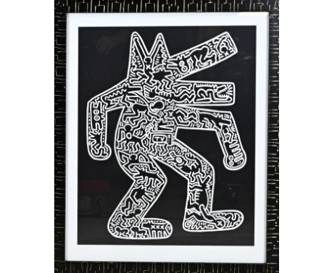 Unsigned lithograph in the style of Keith Haring. Abstract dog figures. Lithograph on paper. Dimensions: H 73 x W 59 cm. In g