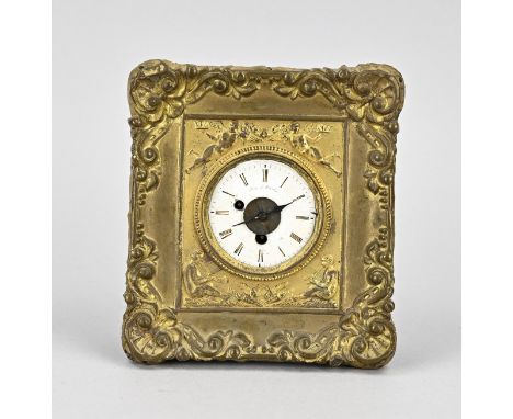 19th century miniature wall clock with alarm clock. Run. a Paris. With gilded tin frame on wood. Dimensions: H 16 x W 14 cm. 