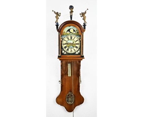 Old walnut Frisian tail clock with moon phase + alarm clock. Second half of the 20th century. Dimensions: 145 cm. In good con