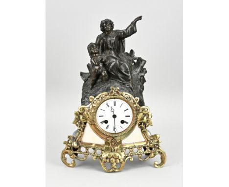 Antique French Louis Philippe mantel clock made of composition metal with alabaster. Eight-day movement, half-hourly striking