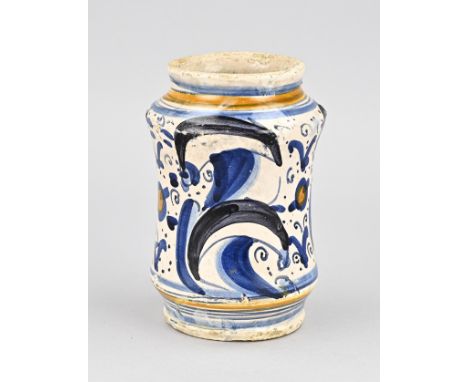 17th Century Italian polychrome fayence Albarello with floral decor. Dimensions: 16 cm. In good condition.