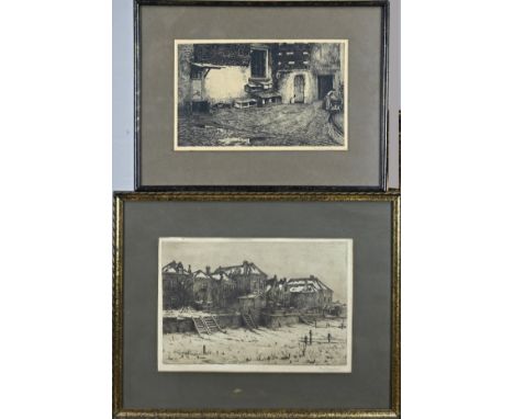 Two etchings by Paul Bodifee. 1866 - 1938. Deventer School. Courtyard + winter view. Etching on paper. Size: 27 - 31 cm. In g