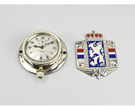 German Kienzle car clock made of chrome (spring clock fixed) + plaque made of chrome, Royal Dutch Automobile Club (KNAC). Siz