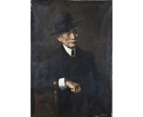 Fedor van Kregten. 1871 - 1937. Portrait of a gentleman with a hat. Oil on linen. Dimensions: H 101 x W 71 cm. In good condit