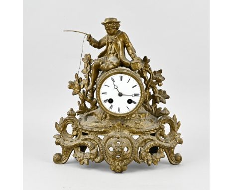 Antique French composition metal mantel clock with a fishing boy. Circa 1870. Eight-day movement, half-hourly striking, sprin