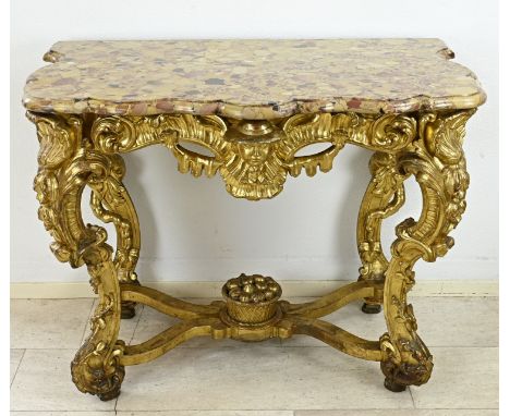 19th century gilded wooden wall console table with marble contoured top. Floral/face/animal decor. Dimensions: 95 x 125 x 60 