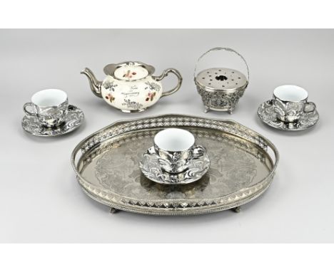 Plated tray, oval model, on claw feet with silver stove, 835/000, in the shape of a chocolate basket with an openwork Biederm