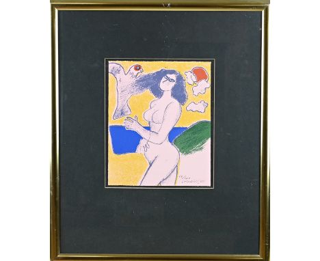 Guillaume Corneille, 1988. 1922 - 2010. No. 53/200. Naked woman with pigeon. Lithograph on paper. Dimensions: H 30 x W 24 cm.