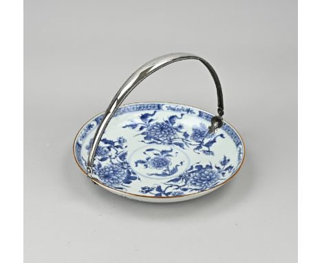 Large 18th century Chinese porcelain cheng lung bowl with silver bracket. Peonies decor. Hairline + shard glued in. Dimension