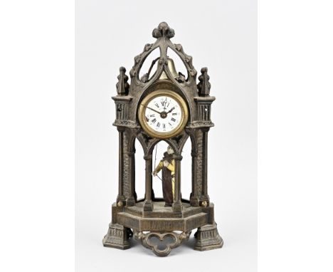 Antique neo-Gothic alarm clock with automatic. Composition metal. Circa 1900. Monk pulls the cord of the tower bell. Dimensio