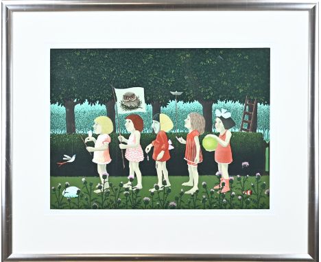 Dolf Zwerver. 1932 - 2010. No.: 229/250. Figures in garden. Lithograph on paper. Dimensions: H 45 x W 60 cm. In good conditio