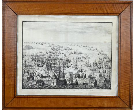 16th - 17th century etching by Jan Luyken, 1649 - 1712. Etching depicting 'Display of the abject Spanish military fleet in th
