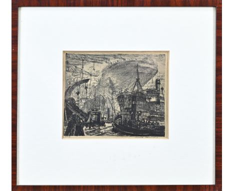 Antique Dutch etching with a harbor view. Signed. Circa 1920. Etching on paper. Dimensions: H 14 x W 17 cm. In good condition