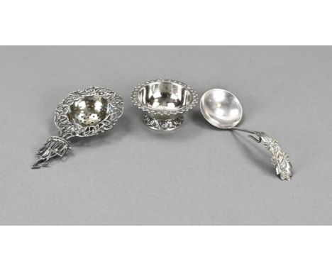 Three pieces of silverware, 833/000, with a tea strainer, with a sailing ship, on a drip tray, round model with a decorated e